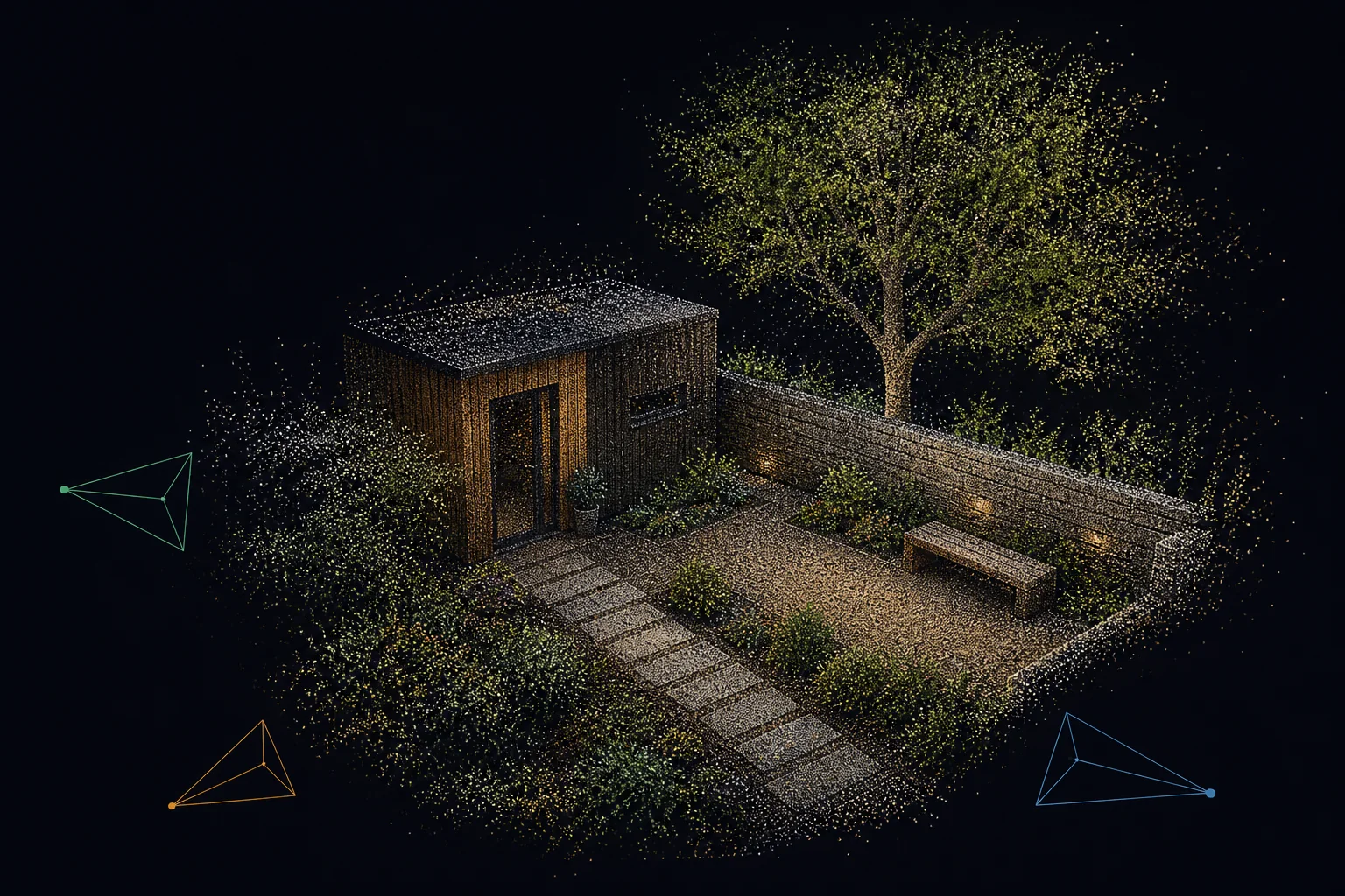 Synthetic three-camera point-cloud reconstruction of a fictional courtyard